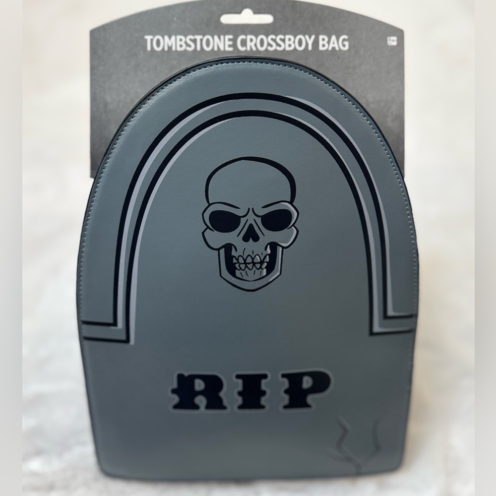 Gray Tombstone Crossbody Bag with Skull Design